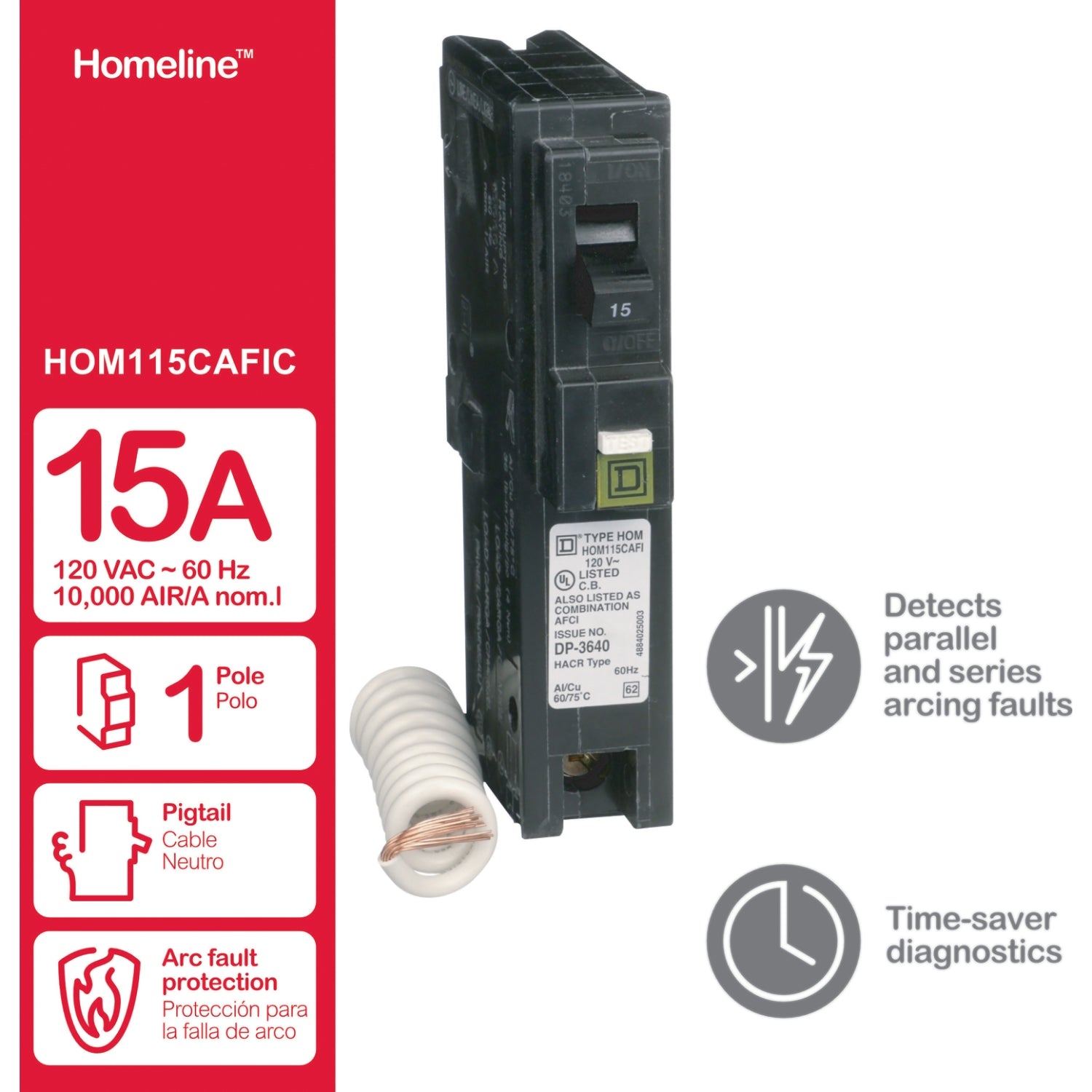Square D HOM115CAFIC 1-Pole 15-Amp Homeline Combination AFCI Arc Fault Circuit Breaker with Pigtail