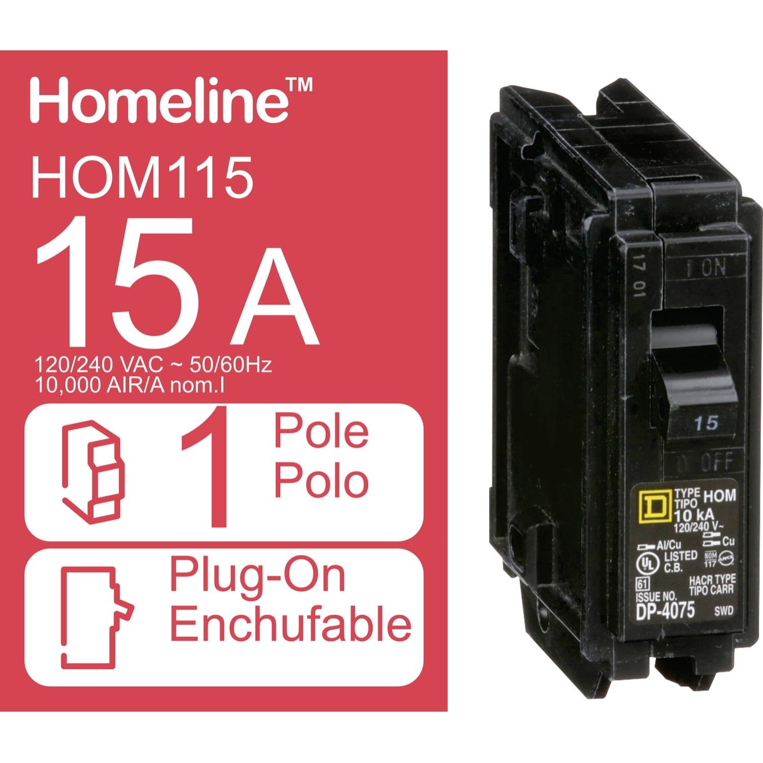 Square D HOM115 HomeLine 1-Pole 15-Amp Circuit Breaker