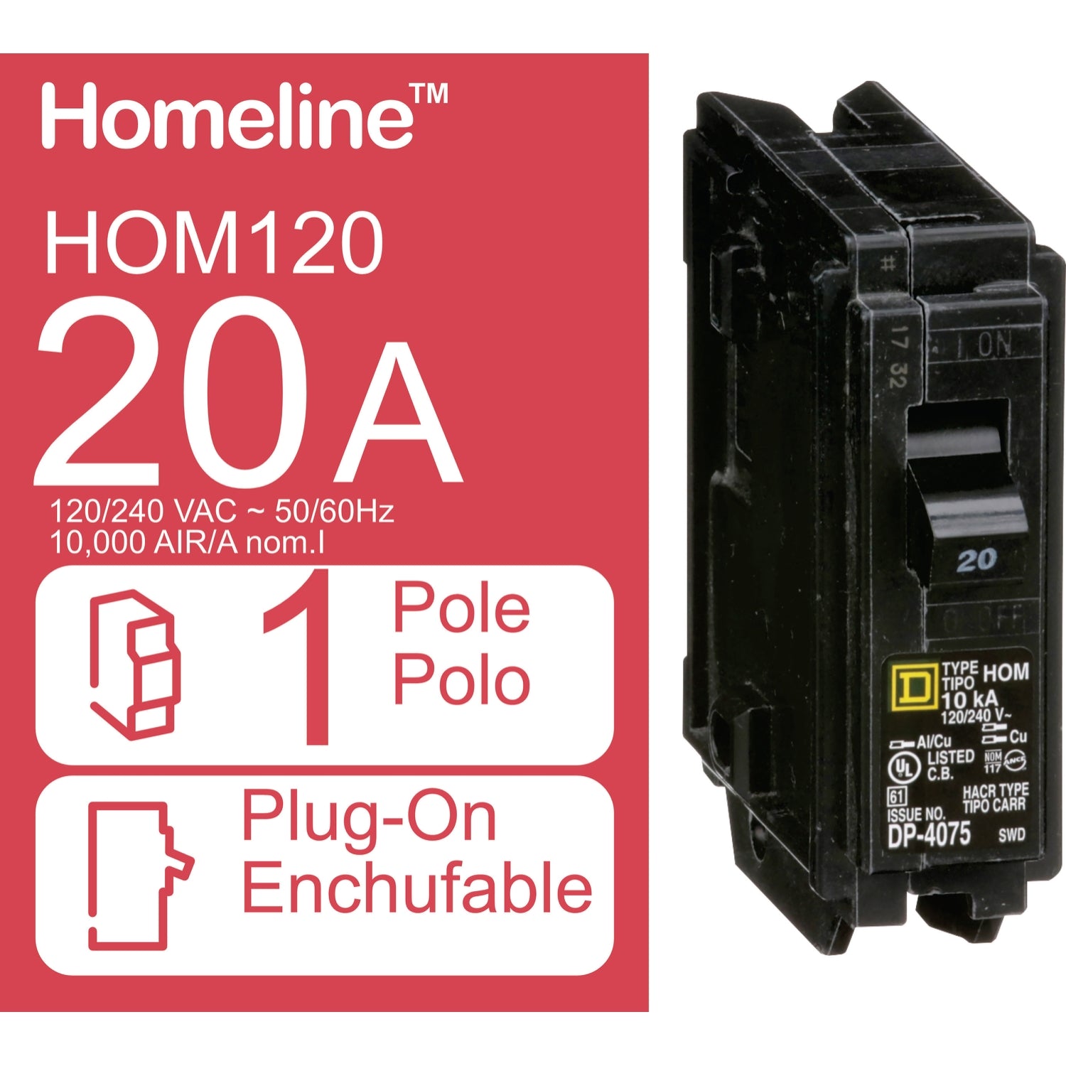 Disyuntor Square D HOM120 HomeLine de 1 polo y 20 amperios