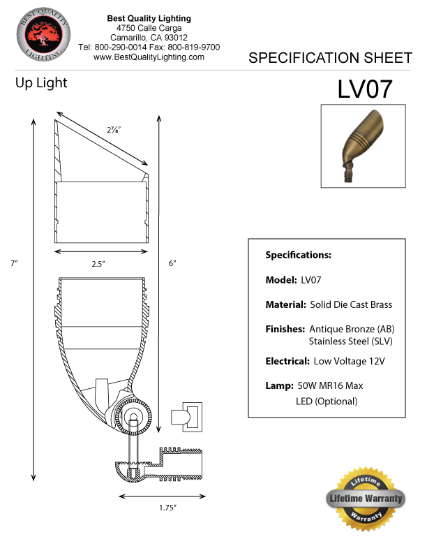 Best Quality Lighting LV07 Die Cast Brass Low Voltage Up Light