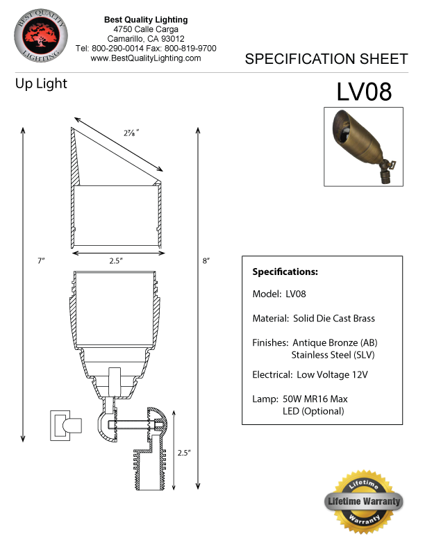 Best Quality Lighting LV08 Die Cast Brass Low Voltage Up Light