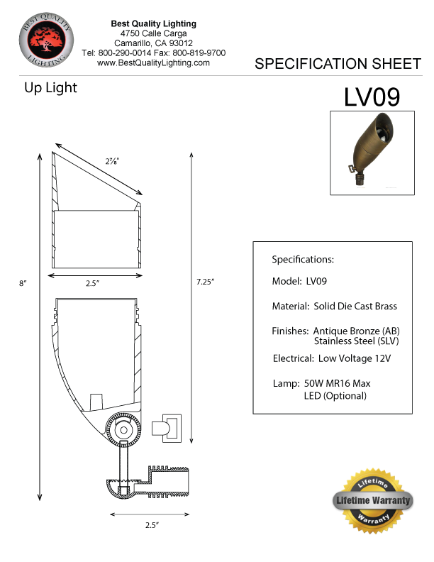 Best Quality Lighting LV09 Die Cast Brass Low Voltage Up Light