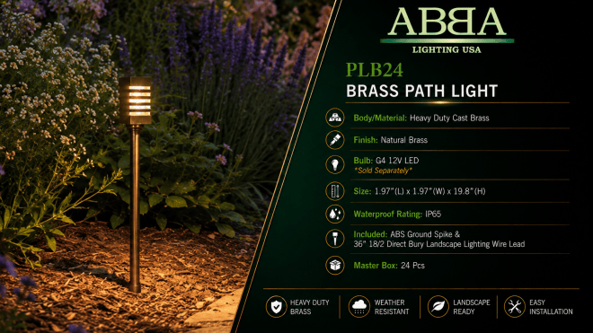 ABBA Lighting USA PLB24 Heavy-Duty Cast Brass Path Light, 12V Low-Voltage, IP65, G4 LED Compatible - Natural Brass Finish