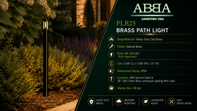 ABBA Lighting USA PLB25 Heavy-Duty Cast Brass Path Light, 12V Low-Voltage Landscape Fixture, IP65, Natural Brass or Dark Brass Finish