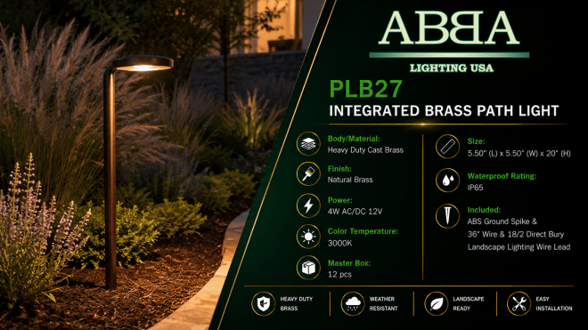 ABBA Lighting USA PLB27 Integrated LED Heavy-Duty Cast Brass Path Light, 4W, 3000K Warm White, 12V AC/DC - Natural Brass Finish