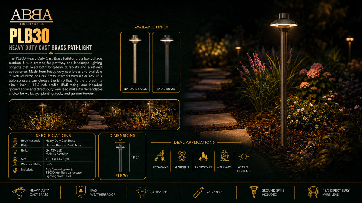 ABBA Lighting USA PLB30-NB Heavy-Duty Cast Brass Path Light, Natural Brass Finish, 12V Low-Voltage Landscape Fixture