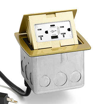 Brass Kitchen Counter Pop Up Power Outlet Assembly With 20-Amp (TR) Duplex Power/2USB Receptacle with 20-Amp Power Cord.
