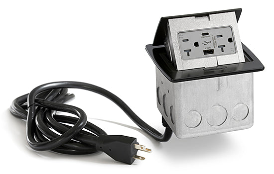 Black Kitchen Counter Pop Up Power Outlet Assembly With 20-Amp (TR) Duplex Power/2USB Receptacle with 20-Amp Power Cord.