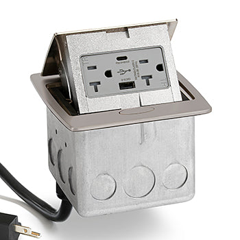 Nickel Plated Kitchen Counter Pop Up Power Outlet Assembly with 20-Amp (TR) Duplex Power/2USB Receptacle and 20-Amp Power Cord