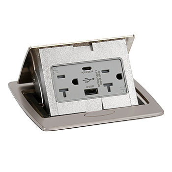 Nickel Plated Kitchen Counter Pop Up Power Outlet Assembly with 20-Amp (TR) Duplex Power/2USB Receptacle and 20-Amp Power Cord