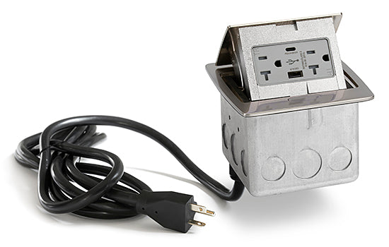 Stainless Steel Kitchen Counter Pop Up Power Outlet Assembly with 20-Amp (TR) Duplex Power/2USB Receptacle and 20-Amp Power Cord