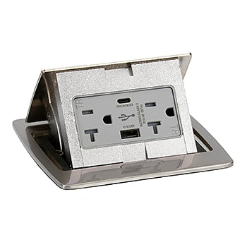 Stainless Steel Kitchen Counter Pop Up Power Outlet Assembly with 20-Amp (TR) Duplex Power/2USB (AC) Receptacle