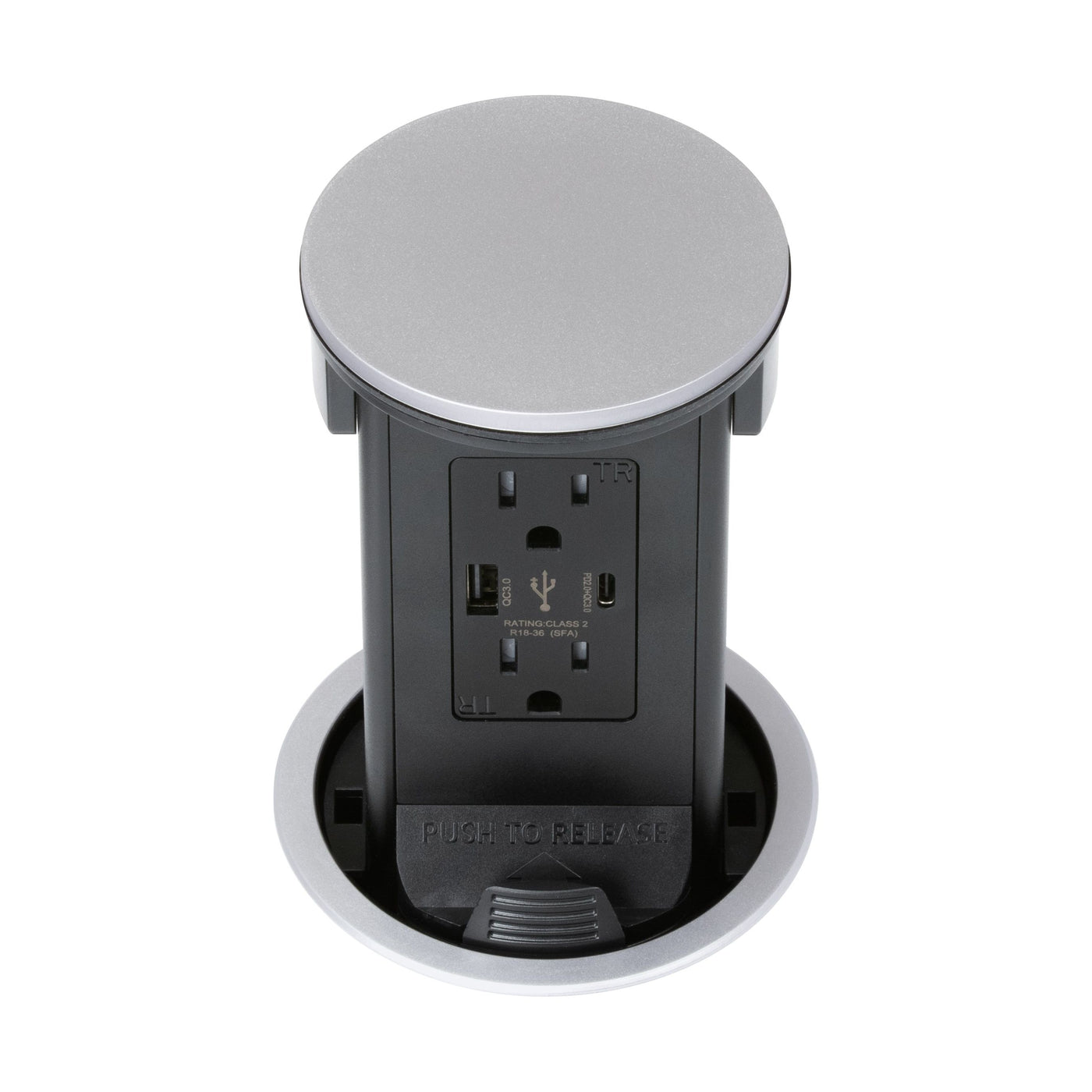 Lew Electric PUR15ACQD-RSS 15A Pop-Up Outlet, USB & QI charging - Stainless