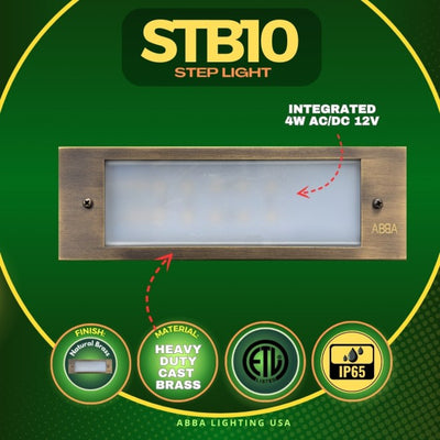 ABBA Lighting STB10 Integrated Brass Step Light, 4W LED, 3000K Warm White, 360 Lumens, 12V AC/DC, IP65 - Natural Brass Finish