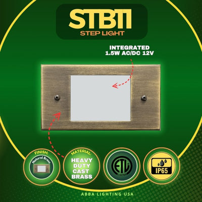 ABBA Lighting USA STB11 Integrated Brass Step Light, 1.5W LED, 3000K Warm White, 180 Lumens, 12V AC/DC, IP65 - Natural Brass Finish