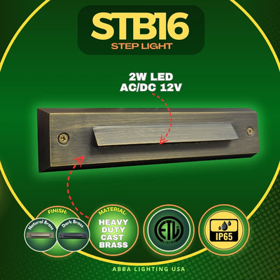 ABBA Lighting STB16-DB Integrated Brass Step Light, 2W LED, 3000K Warm White, 180 Lumens, 12V AC/DC, IP65 - Dark Brass Finish