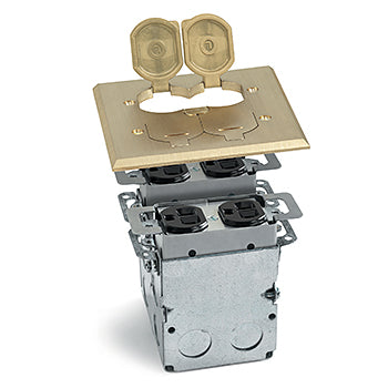 Lew Electric SWB-4-LR 2 Gang Box, Brass, Flip Lid Cover W/(2) Duplex & (1) Quad Port