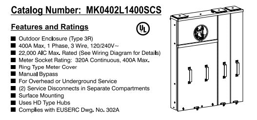 Siemens MK0402L1400SCS Centro de carga comercial tipo anillo de 400 amperios con derivación de bloque de prueba