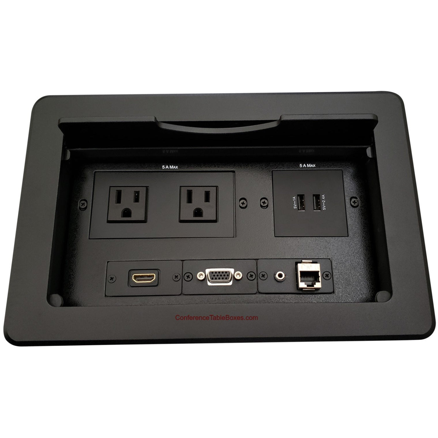 Lew Electric TBUS-10-B3 Table AV Box 2 AC, 2 USB Charge, 1 HDMI, 1 VGA, 1 Audio, 1 Cat6, Black