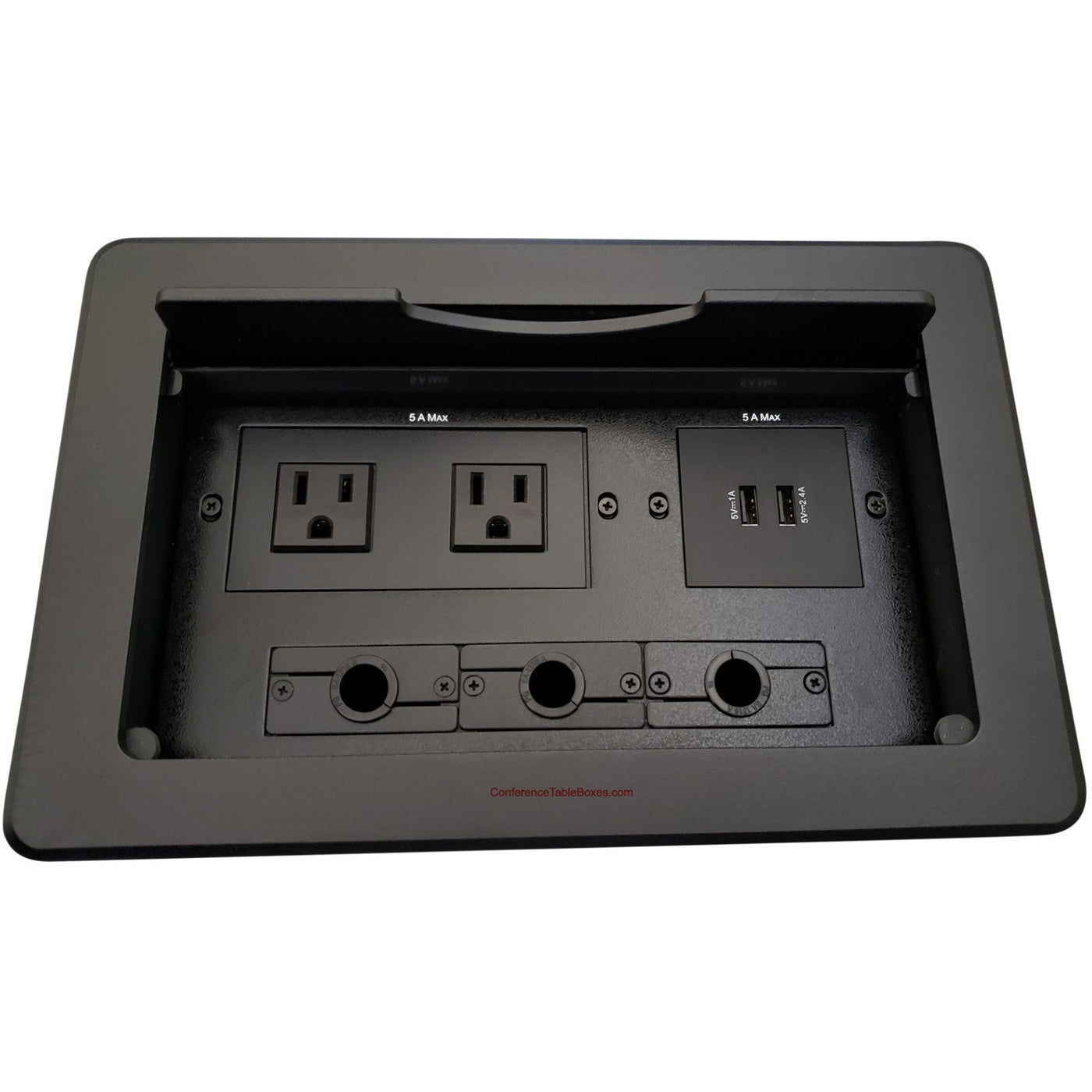 Lew Electric TBUS-10-B4 Multimedia Table Box, 2 Power, 2 Charging USB, 3 Grommet Holes - Black