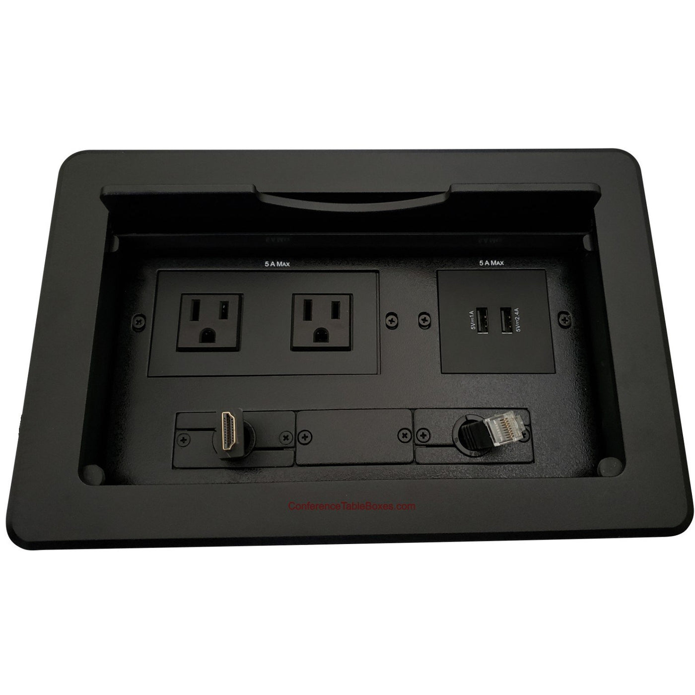 Lew Electric TBUS-10-B5 Conference Table Box 2 AC/Charging USB, Retracting HDMI & Cat6, Black