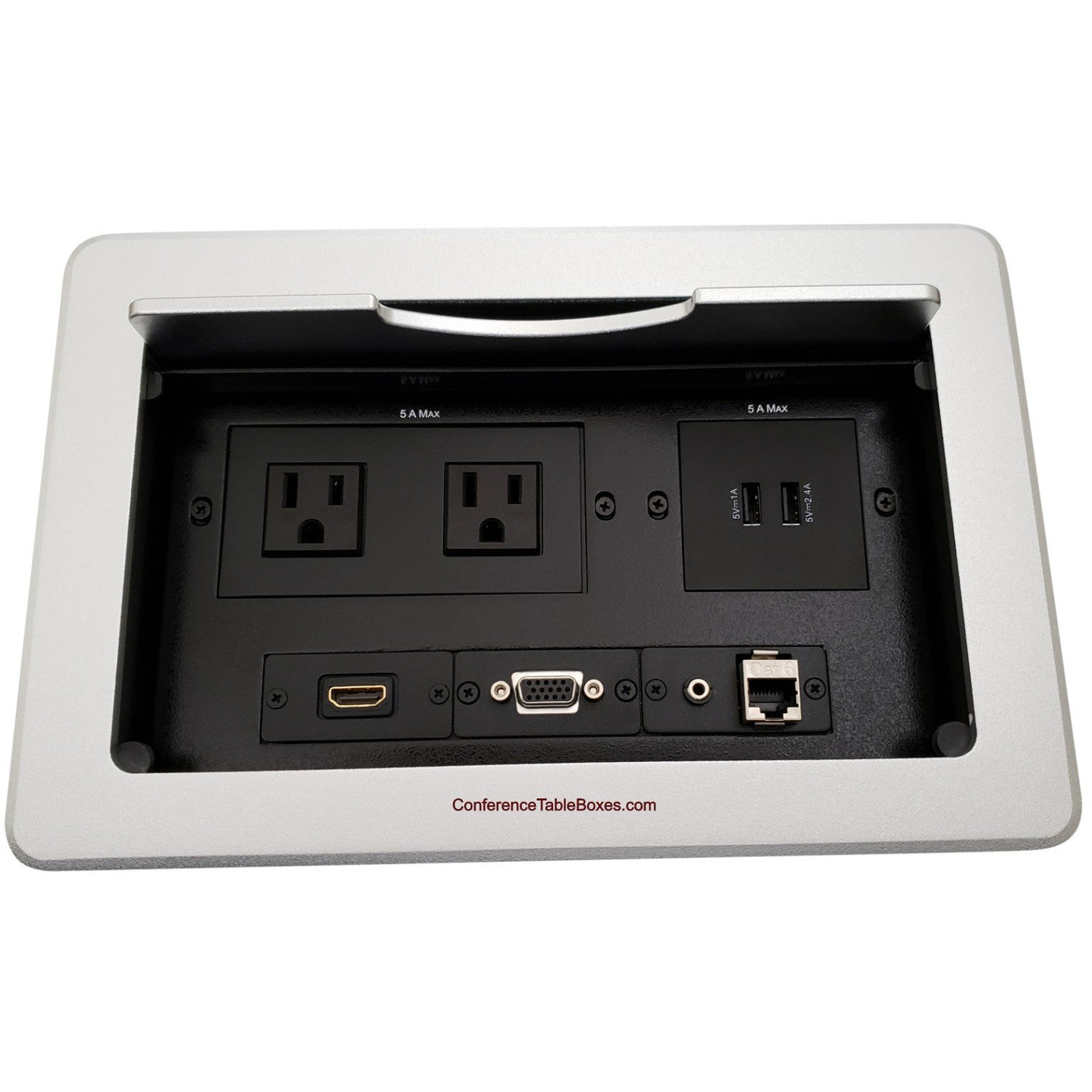 Lew Electric TBUS-10-S3 Table AV Box 2 AC, 2 USB Charge, 1 HDMI, 1 VGA, 1 Audio, 1 Cat6, Silver