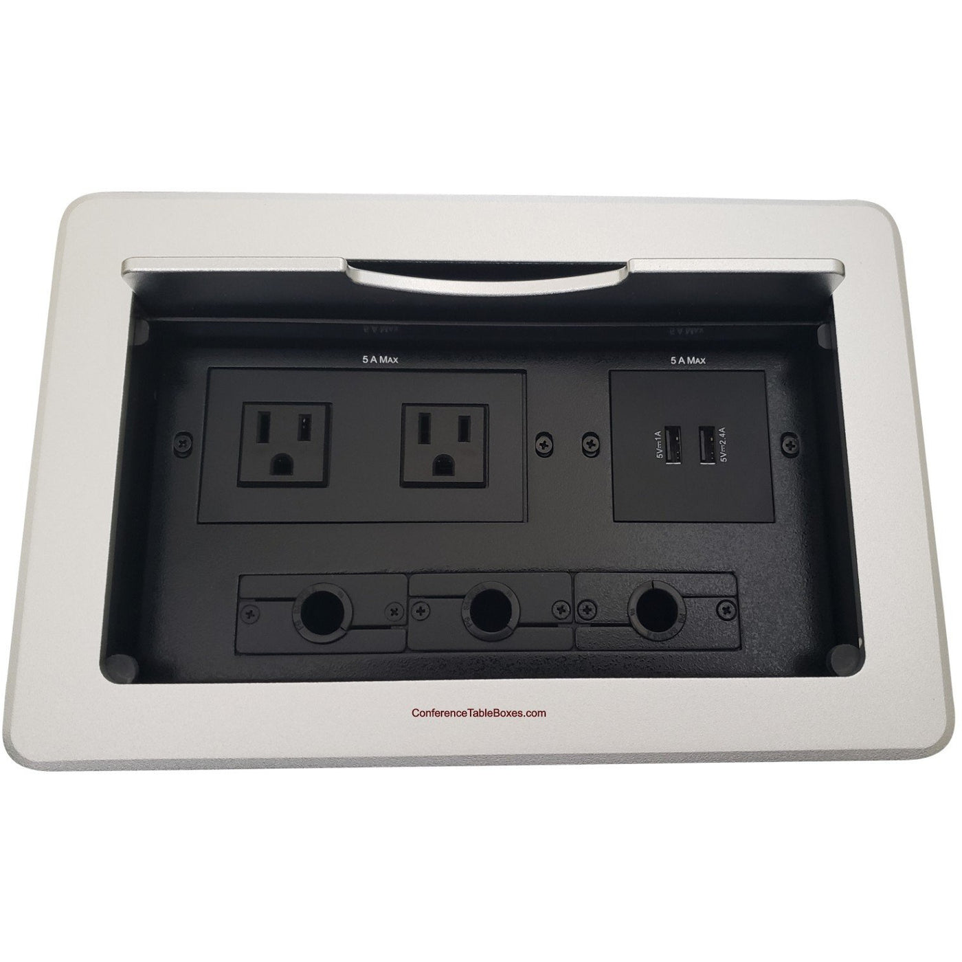 Lew Electric TBUS-10-S4 Multimedia Table Box, 2 Power, 2 Charging USB, 3 Grommet Holes - Silver