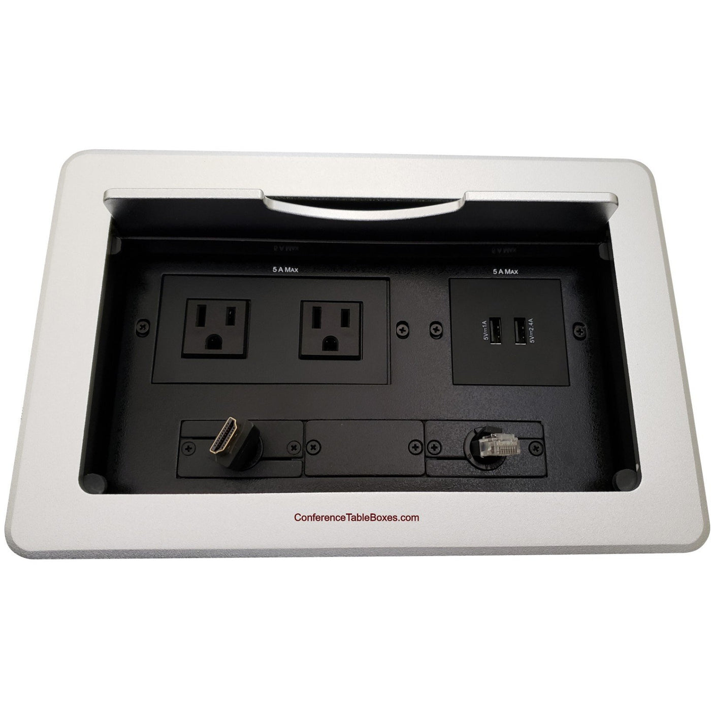 Lew Electric TBUS-10-S5 Conference Table Box 2 AC/Charging USB, Retracting HDMI & Cat6, Silver