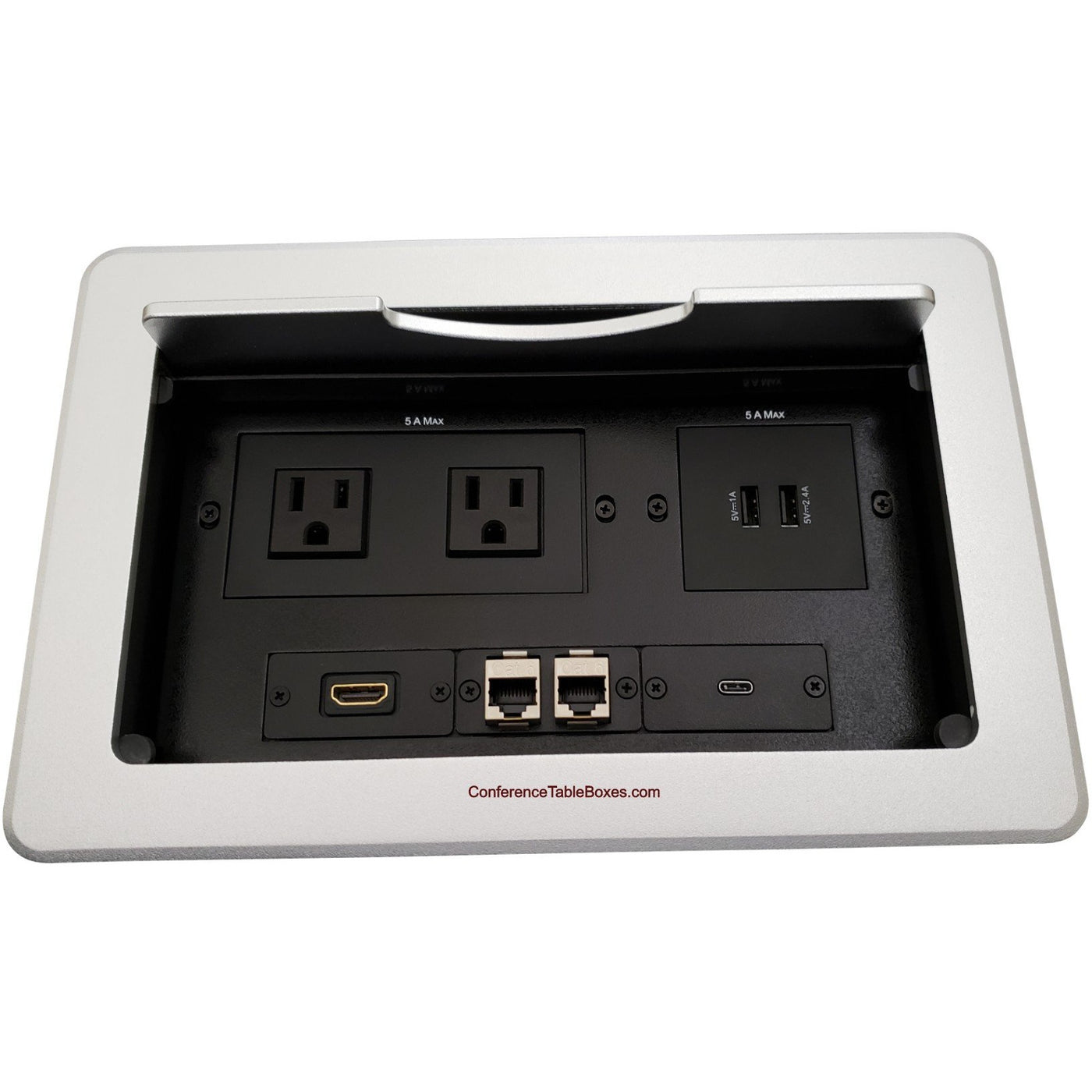 Lew Electric TBUS-10-S8 Table AV Box, 2 Power, 2 Charging USB, 1 HDMI, 2 Cat6, 1 USB-C - Silver