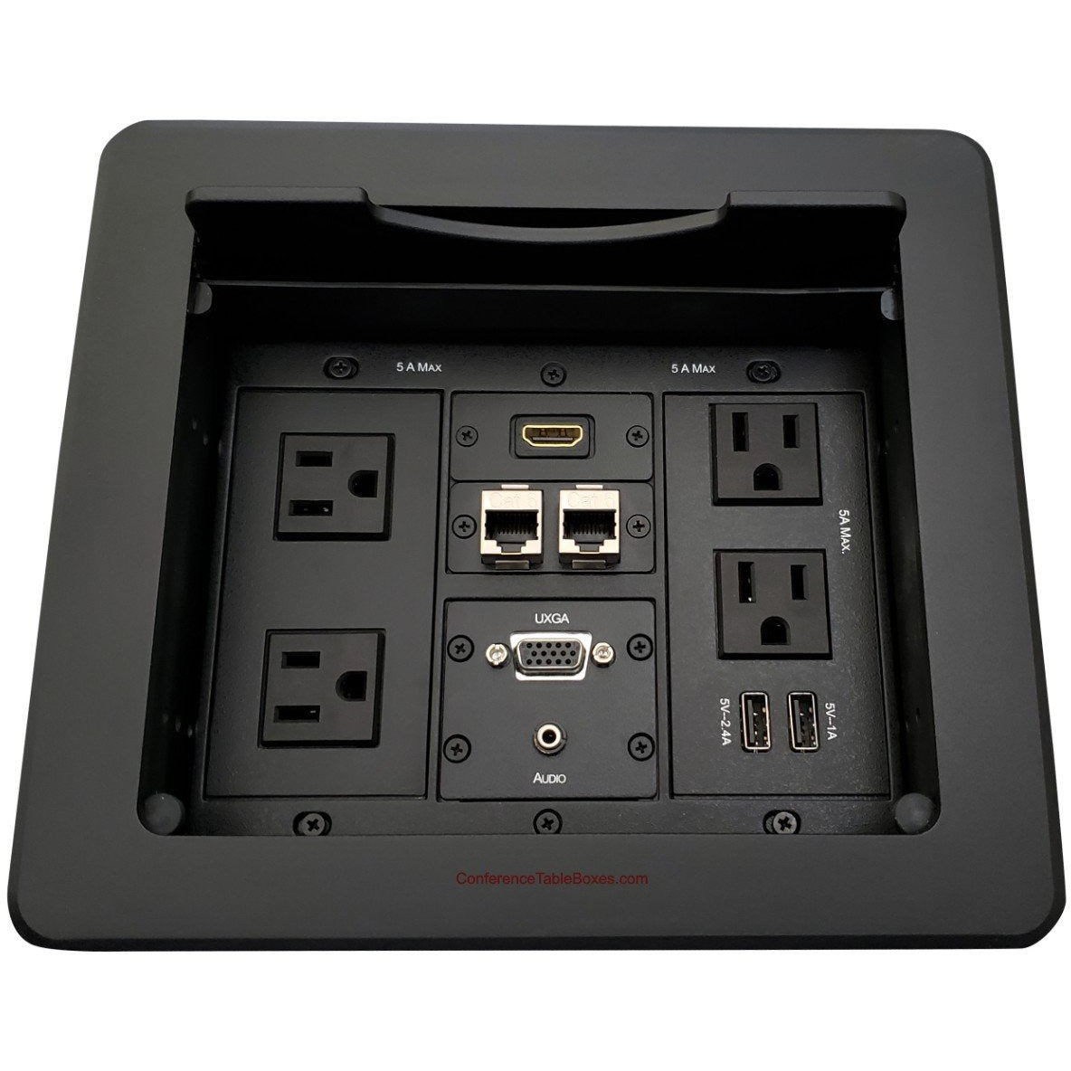 Lew Electric TBUS-1N-B2 Cable Well 4 AC, 2 Charging USB, 1 HDMI, 2 Cat6, 1 VGA, 1 Audio, Black