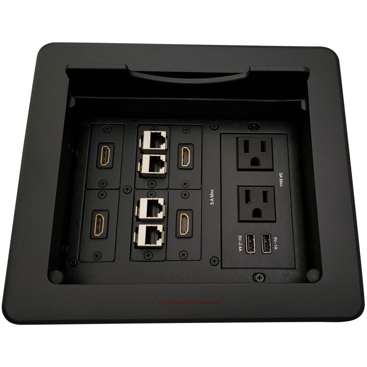 Lew Electric TBUS-1N-B3 Cable Well Table Box, 2 Power, 2 Charging USB, 4 HDMI, 4 Cat6 - Black