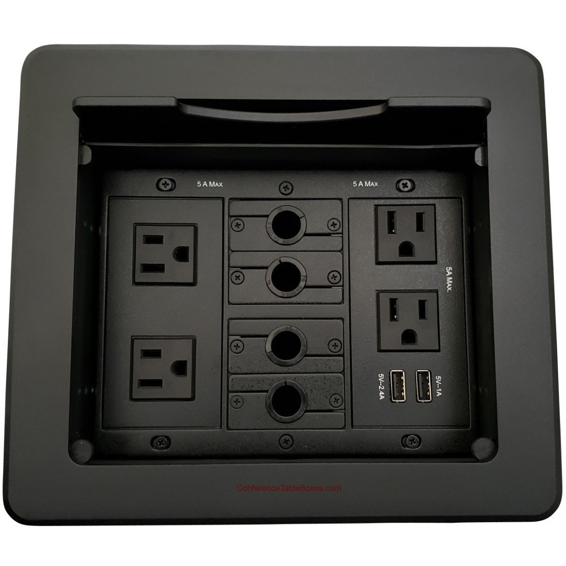 Lew Electric TBUS-1N-B4 Cable Well Table Box, 4 Power, 2 Charging USB, 4 Cable Holes - Black