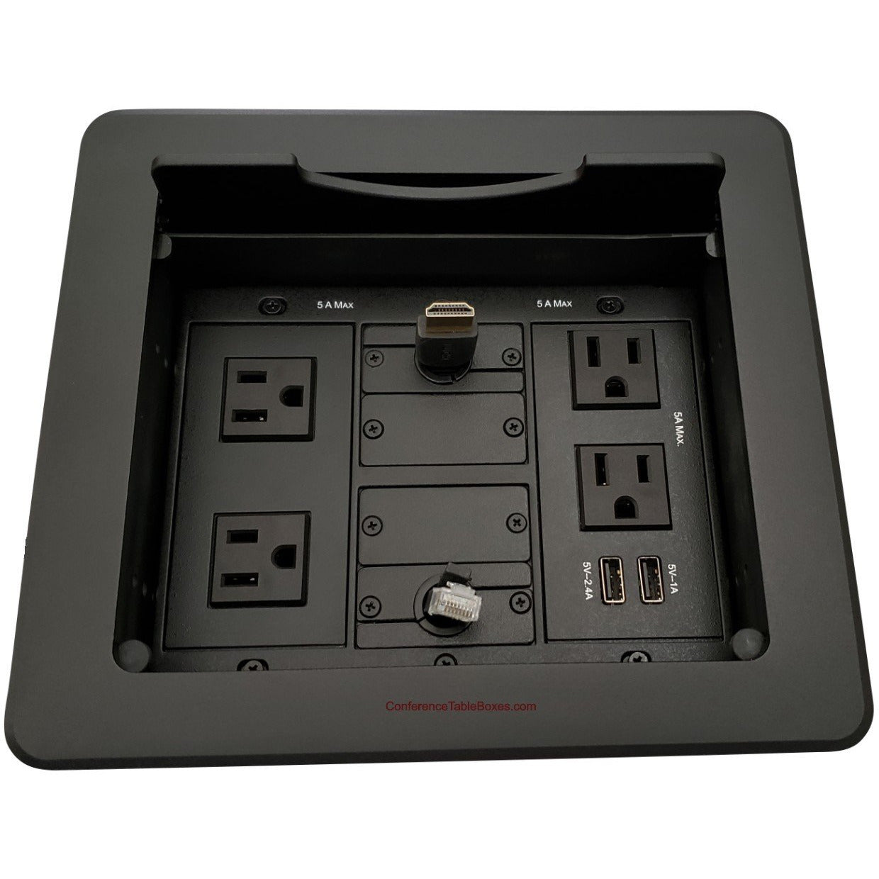 Lew Electric TBUS-1N-B5 Table Well Box, 4 Power, 2 Charging USB, Retracting HDMI/Cat6, Black