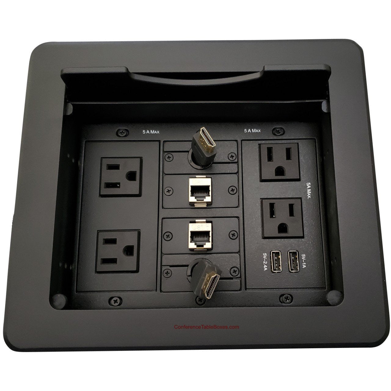 Lew Electric TBUS-1N-B6 Table Well, 4 Power, 2 Charging USB, 2 Retracting HDMI, 2 Cat6, Black