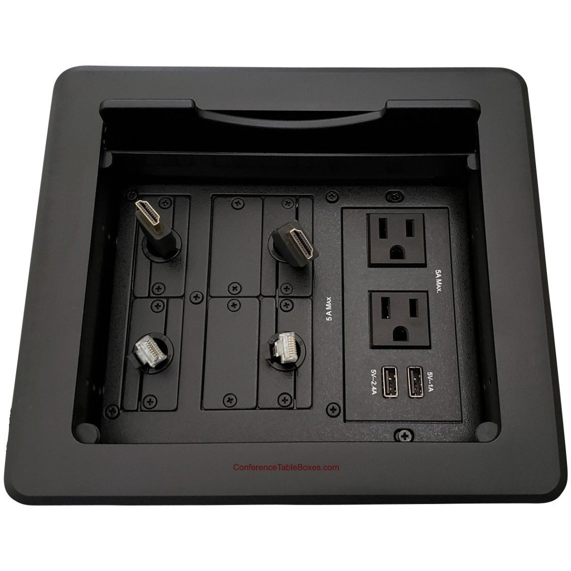 Lew Electric TBUS-1N-B7 Table Well, 4 Power, 2 Charging USB, 2 Retracting HDMI and Cat6, Black