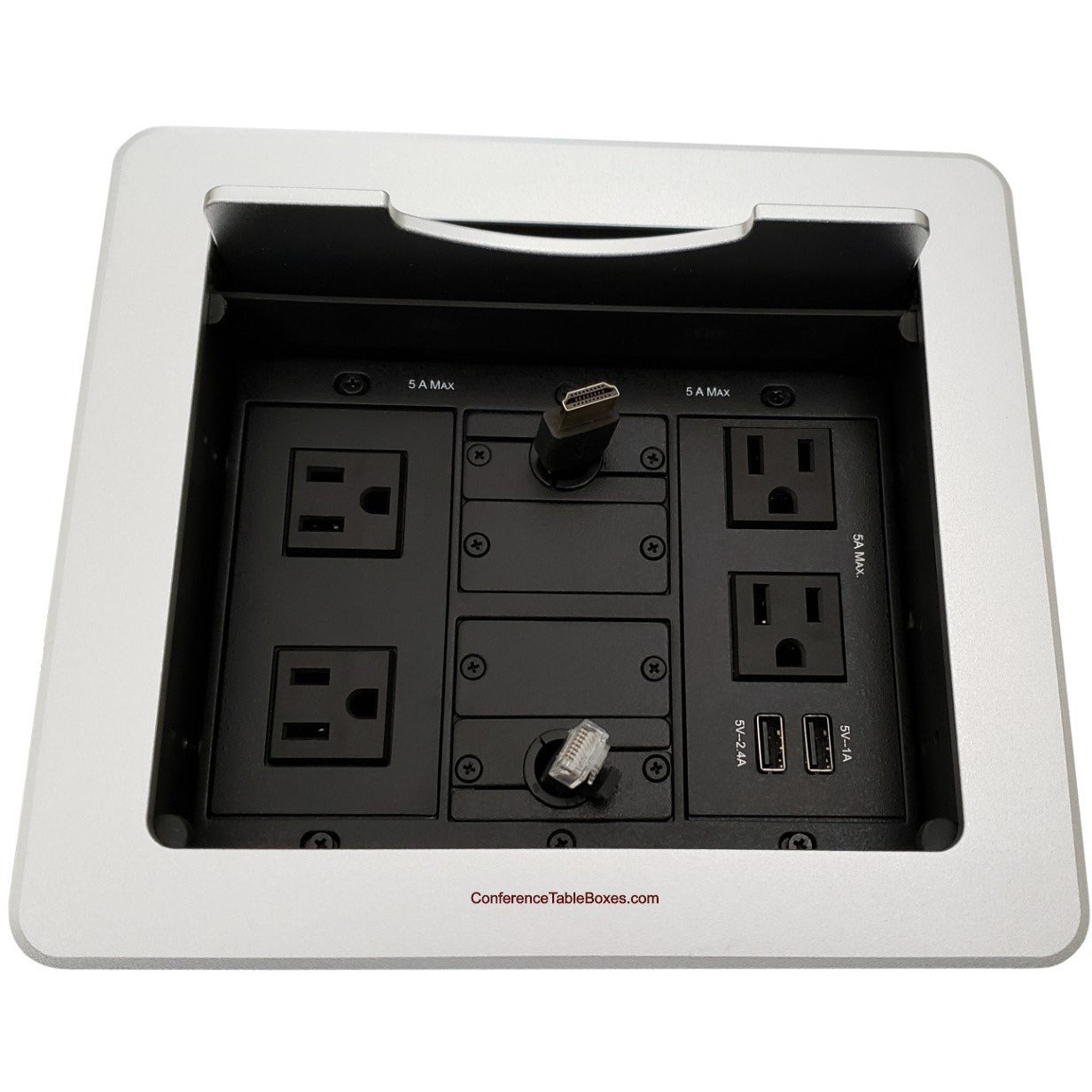 Lew Electric TBUS-1N-S5 Table Well Box, 4 Power, 2 Charging USB, Retracting HDMI/Cat6, Sliver