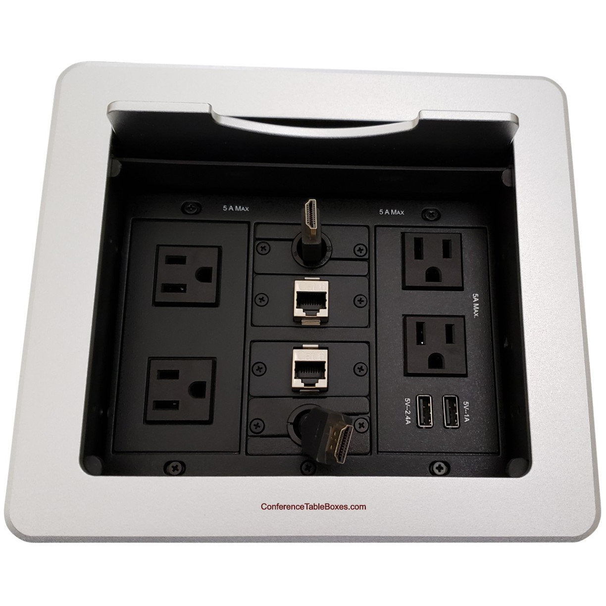 Lew Electric TBUS-1N-S6 Table Well, 4 Power, 2 Charging USB, 2 Retracting HDMI, 2 Cat6, Silver