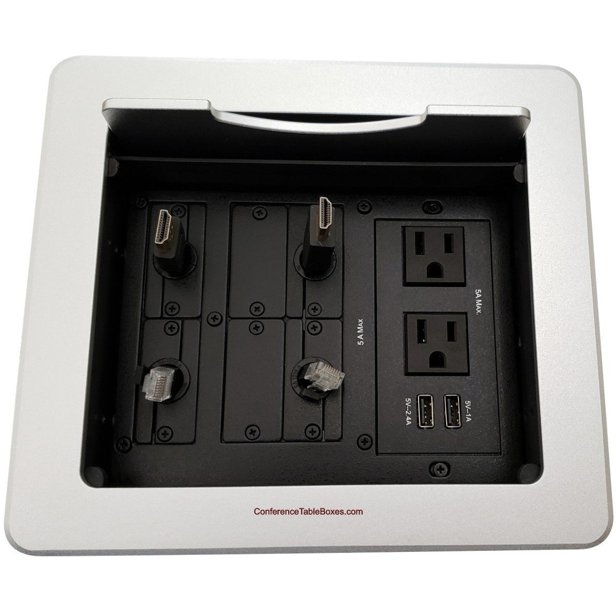 Lew Electric TBUS-1N-S7 Table Well, 4 Power, 2 Charging USB, 2 Retracting HDMI and Cat6, Silver