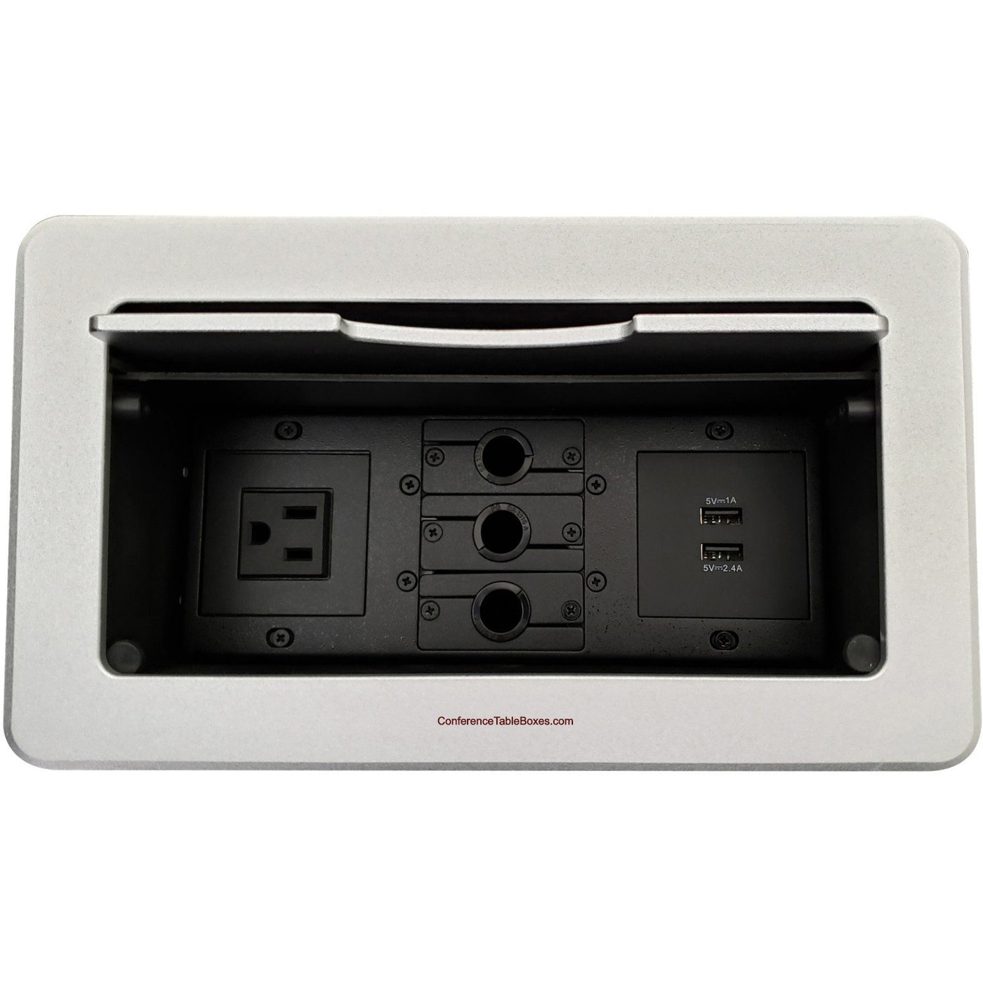 Lew Electric TBUS-6-S4 Conference Table Box 1 Power, 2 Charging USB, 3 Cable Holes - Silver