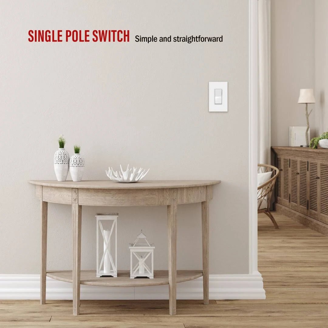 Decora Single Pole Switch, 15 Amp, 120/277 VAC, Quiet Rocker, UL Listed, White - Sonic Electric