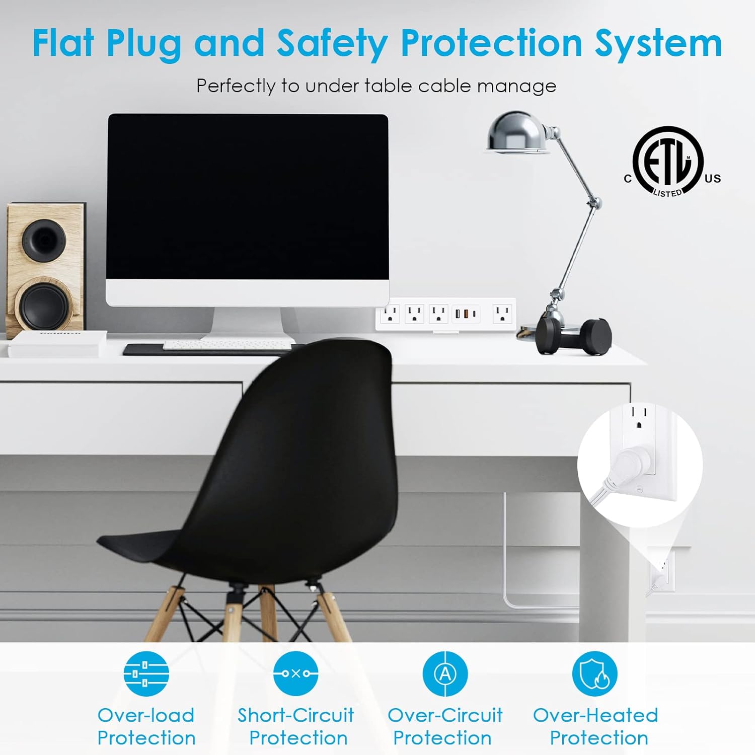 Desk Clamp Power Strip with USB - C PD & USB - A QC 3.0, Surge Protector, 6FT, 1200J, 125V - Sonic Electric