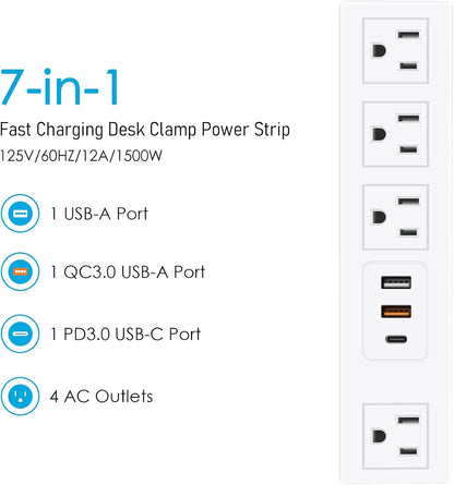 Desk Clamp Power Strip with USB - C PD & USB - A QC 3.0, Surge Protector, 6FT, 1200J, 125V - Sonic Electric