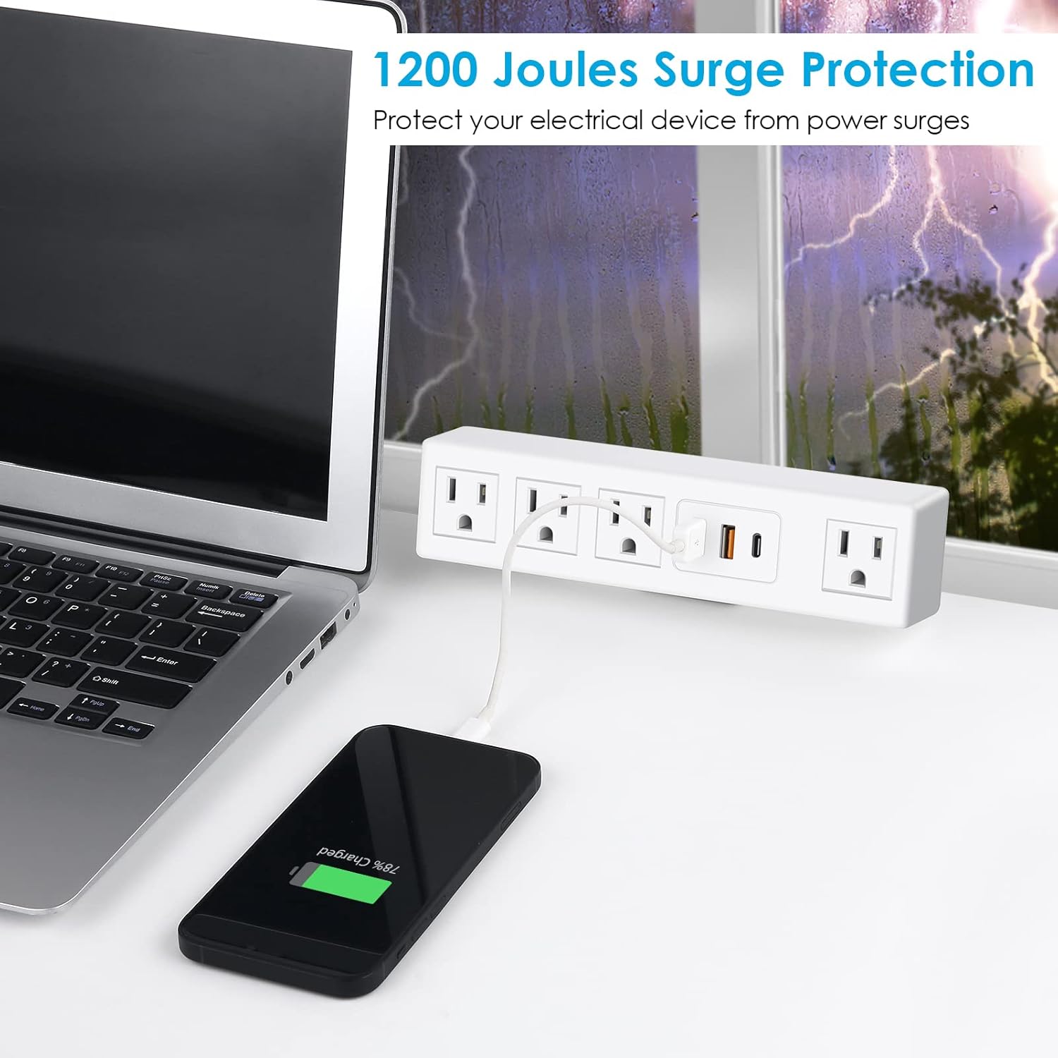Desk Clamp Power Strip with USB - C PD & USB - A QC 3.0, Surge Protector, 6FT, 1200J, 125V - Sonic Electric