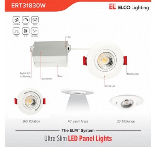 ELCO Lighting ERT31830W Elm System 3" Ultra Slim LED Gimbal Lights, 600lm - White Finish - Sonic Electric