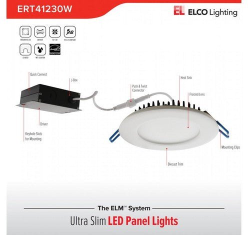 ELCO Lighting ERT41130W 9W 4" Ultra Slim LED Round Panel Light 3000K, 535lm - White Finish - Sonic Electric