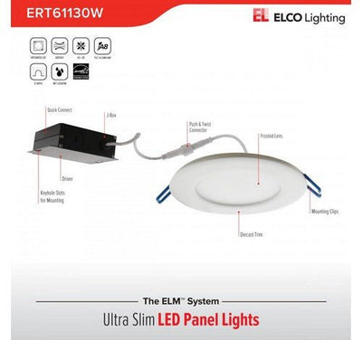ELCO Lighting ERT61230W 15W 6" Ultra Slim LED High Lumen Round Panel Light White 3000K, 975lm - White Finish - Sonic Electric
