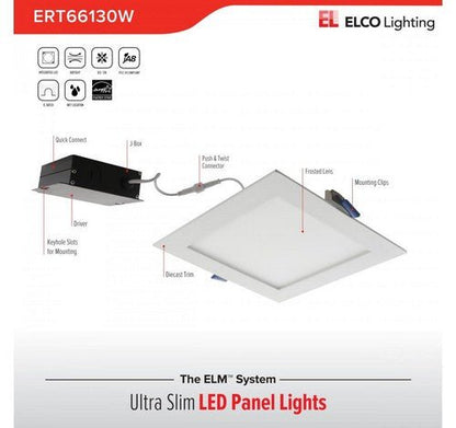 ELCO Lighting ERT66140W 12W 6" Ultra Slim LED Square Panel Light 4000K, 800lm - White Finish - Sonic Electric