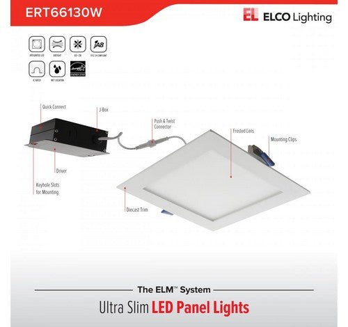 ELCO Lighting ERT66140W 12W 6" Ultra Slim LED Square Panel Light 4000K, 800lm - White Finish - Sonic Electric