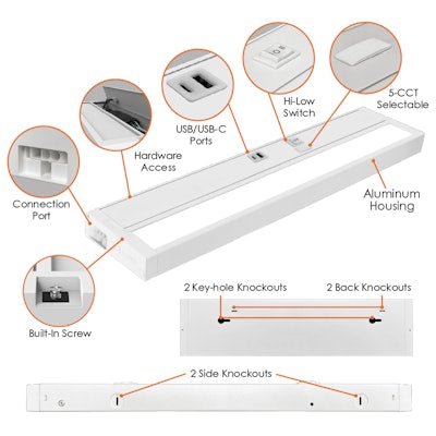 Envision LED - UC - 42I - 18W - 5CCT - USB - WH - UNV - 18W - 27K, 120 - 277V, 42" Undercabinet Bar w/ USB/USB - C - White - Sonic Electric