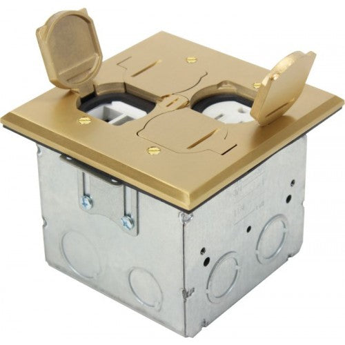 Orbit FLB-DL-BR Floor Box Flip Type Square Plate Cover With Receptacle, Tamper Resistant & 4 Low-Voltage - Brass